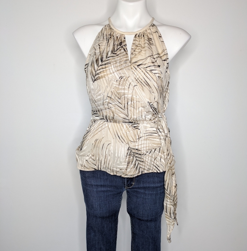 WHBM Cream Tan Palm Leaf Halter Tie Waist Silk Blend Tank Top Blouse 4